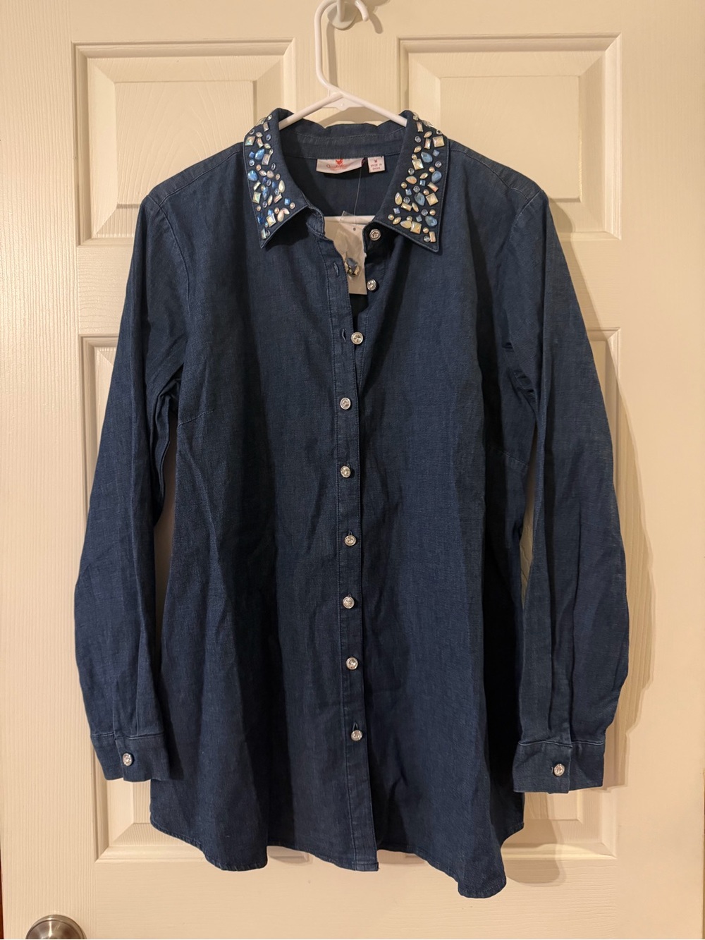 NWT Embellished Quacker Factory Denim Button Down Shirt - size M